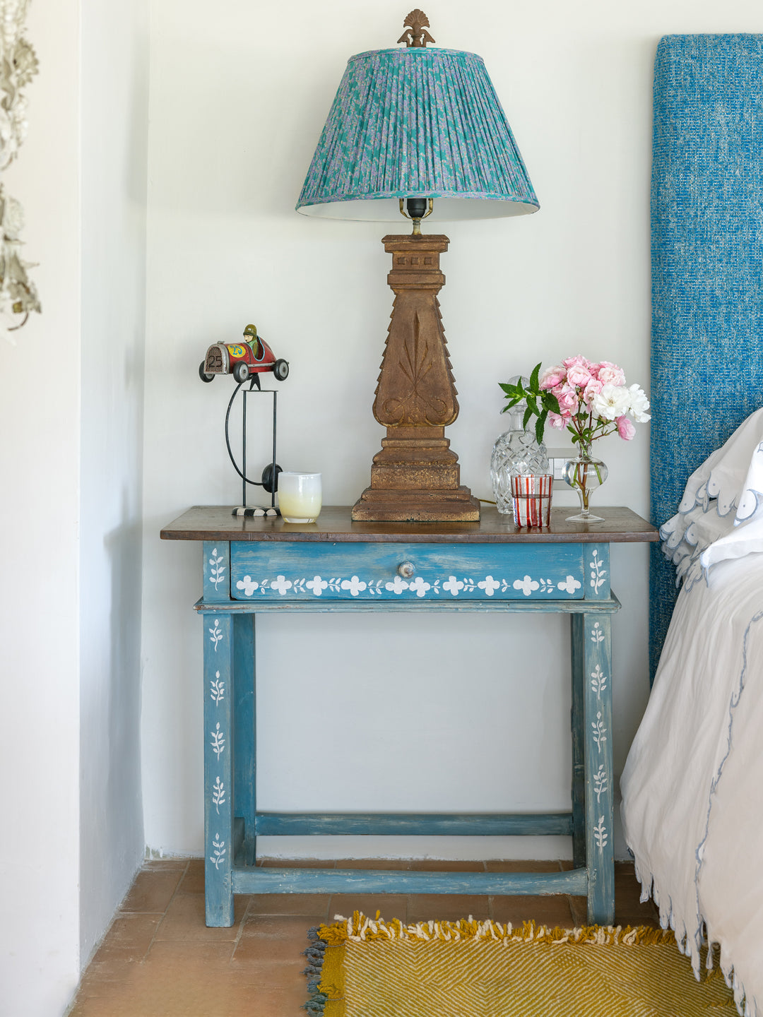 Hand-Painted Blue Bed Side Table