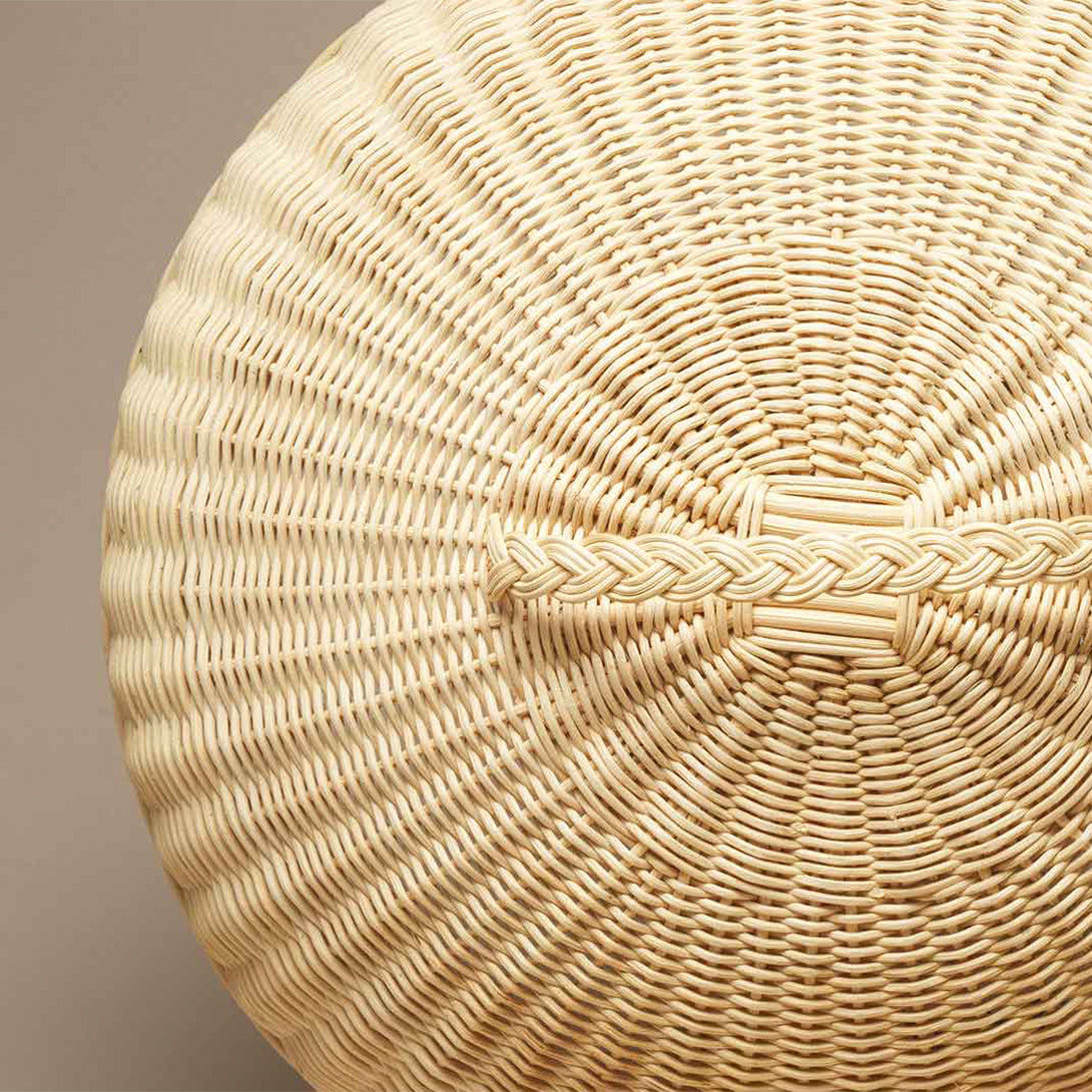 Dome detailed close-up shot of the top of a woven wicker dome cover with a braided wicker top handle.