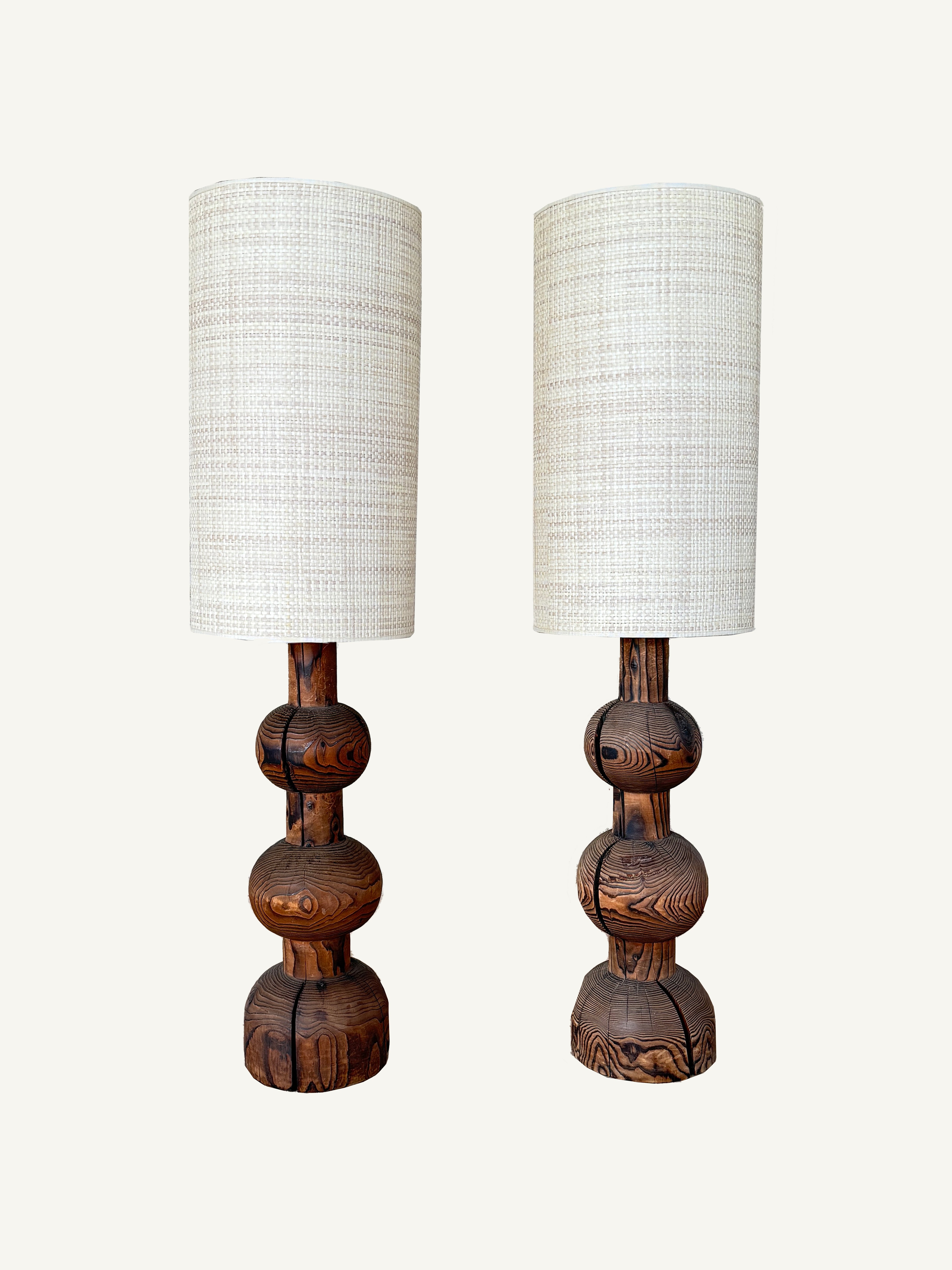 Pair of Italian Walnut Lamps with Grass Cloth Shades c. 1970