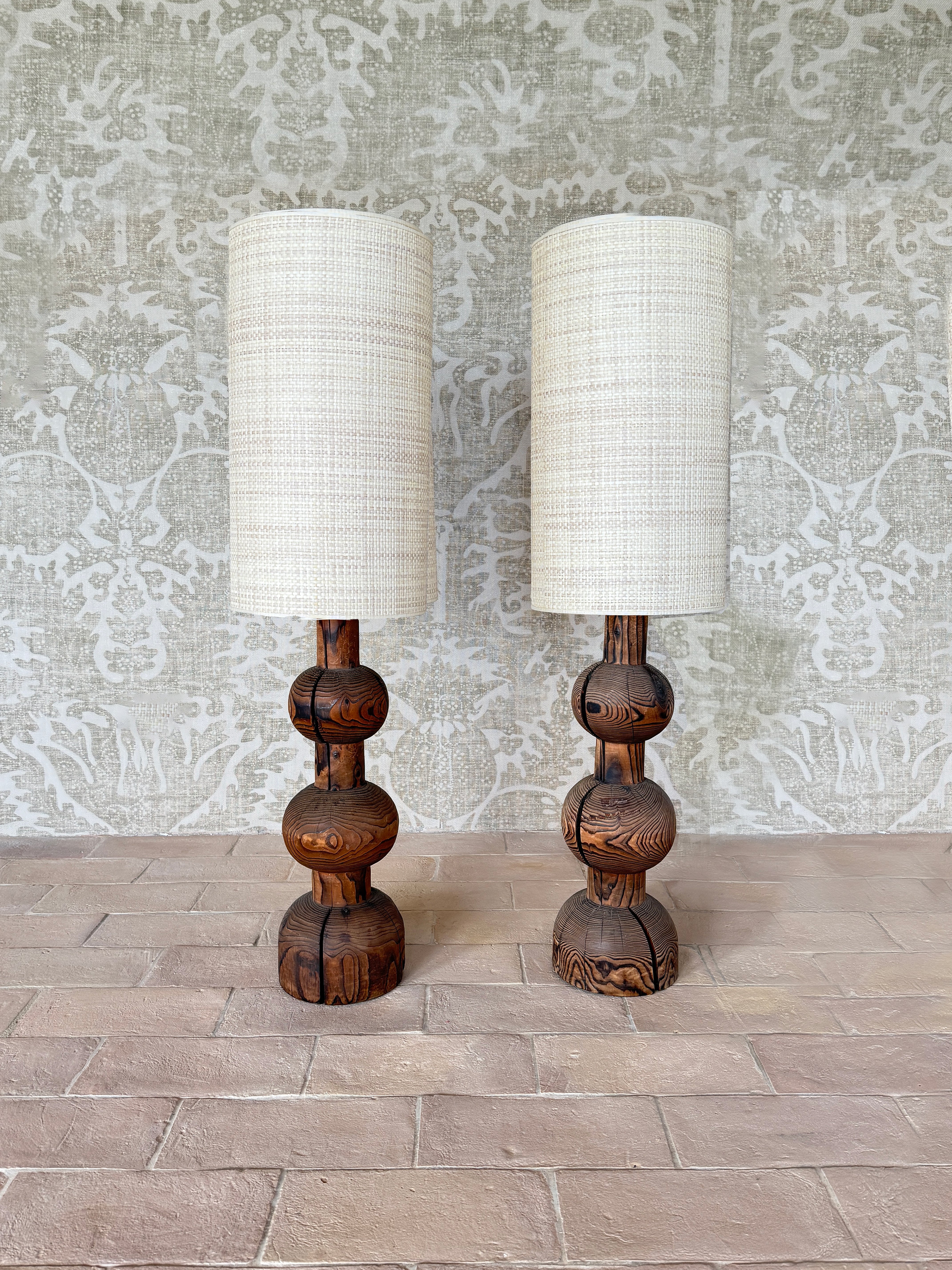 Pair of Italian Walnut Lamps with Grass Cloth Shades c. 1970